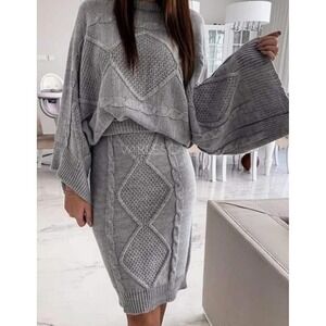 MISSLOOK Women Gray Cable Knit Diamond Pattern Sweater Skirt Set Medium EUC